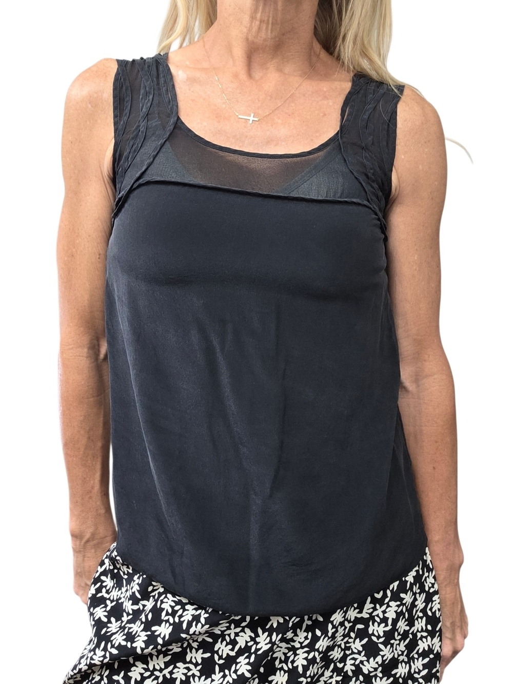 Banana Republic 100% Silk Black Mesh Trim Shell Tank Blouse XS